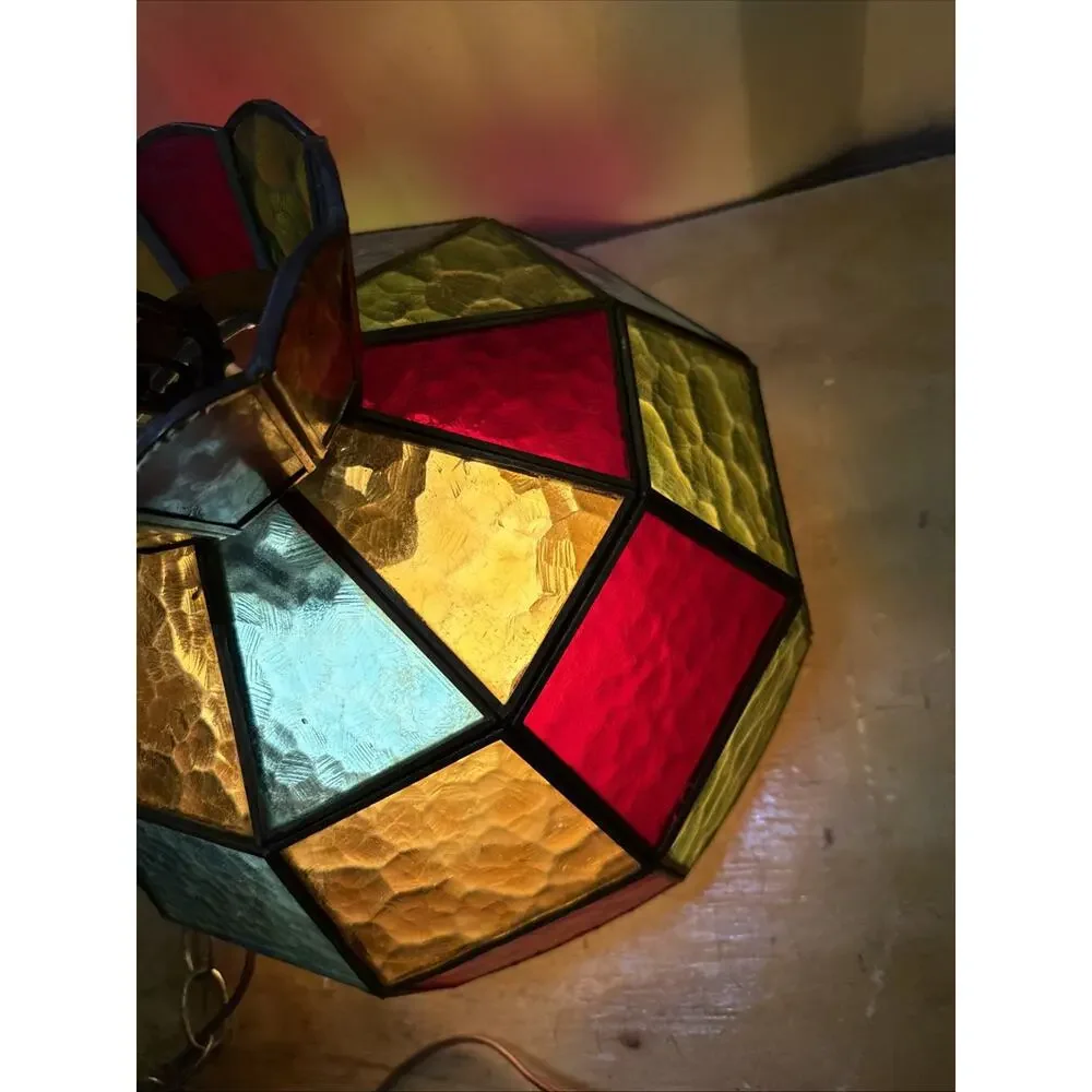 1970s VTG Multi- Color Panel Swag Stained Glass Hanging Swag Ceiling Lamp Shade
